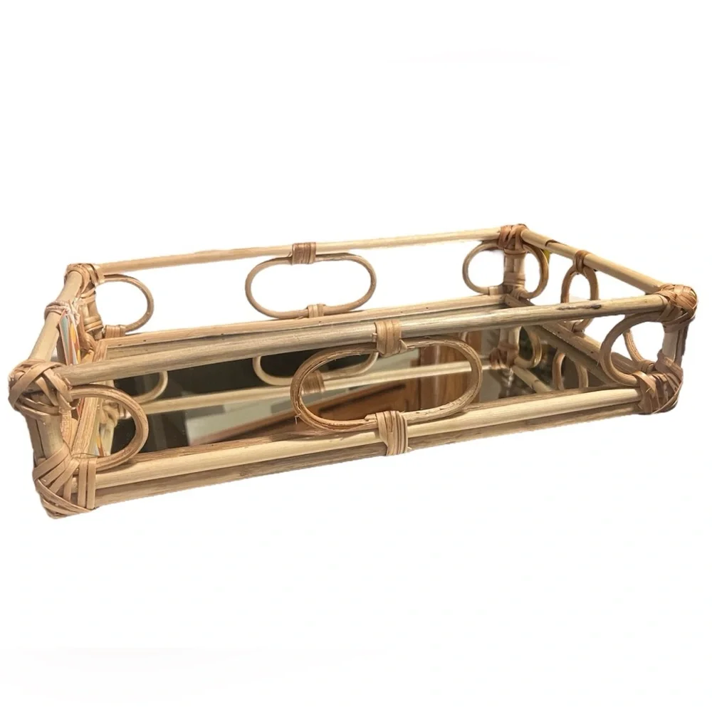 Rattan Mirror Vanity Display Tray Handmade Bohemian Natural